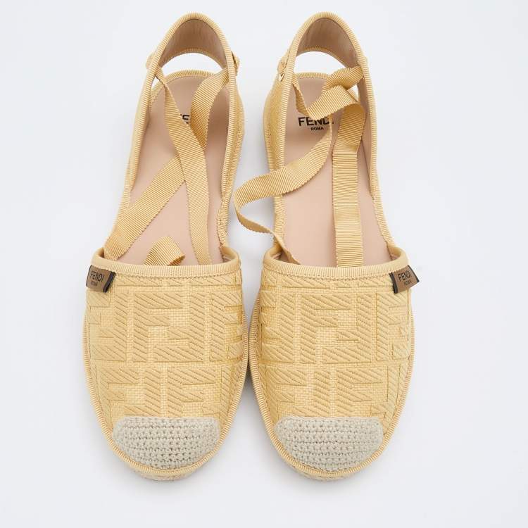 Pre Owned Fendi Yellow FF Logo Embroidered Fabric Ankle Wrap Espadrille Flats Size 37