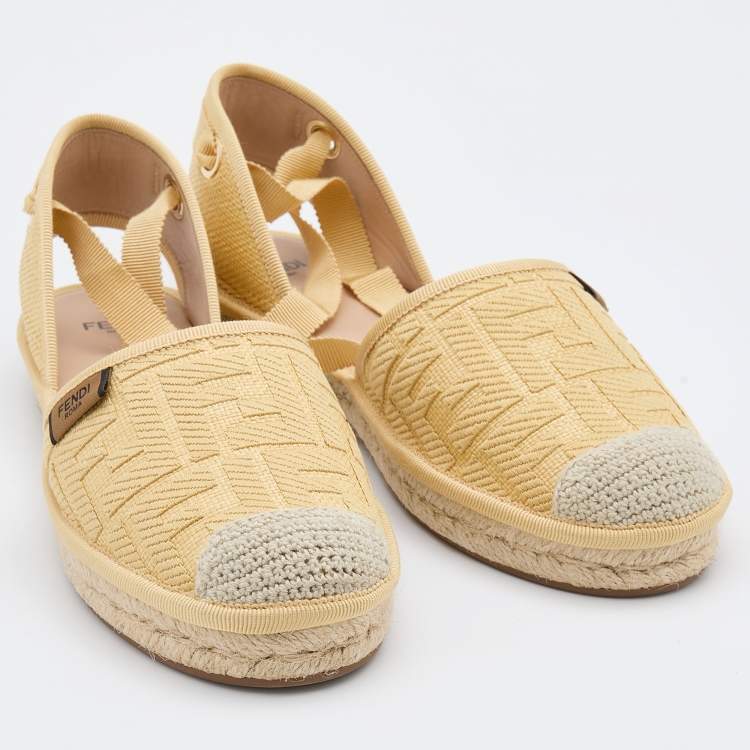 Pre Owned Fendi Yellow FF Logo Embroidered Fabric Ankle Wrap Espadrille Flats Size 37