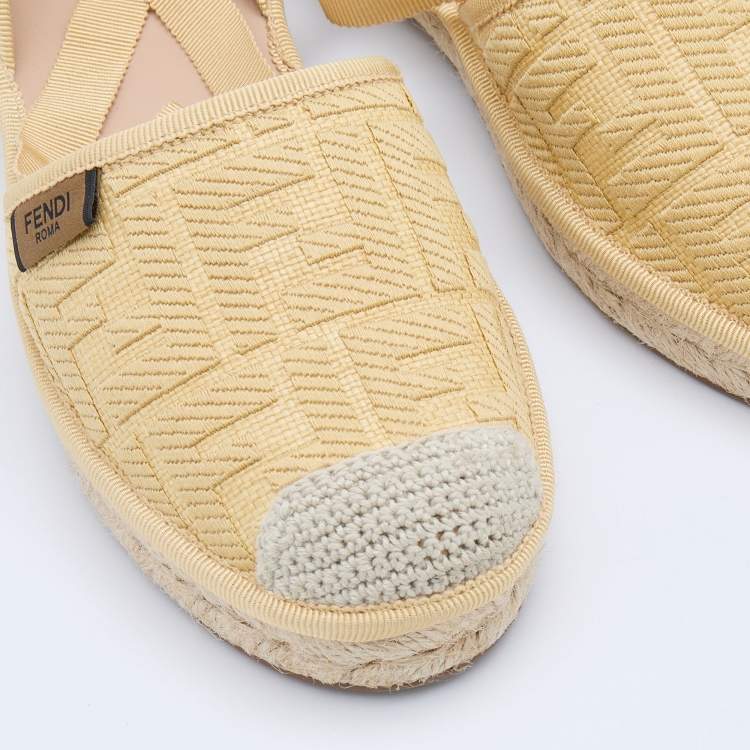 Pre Owned Fendi Yellow FF Logo Embroidered Fabric Ankle Wrap Espadrille Flats Size 37