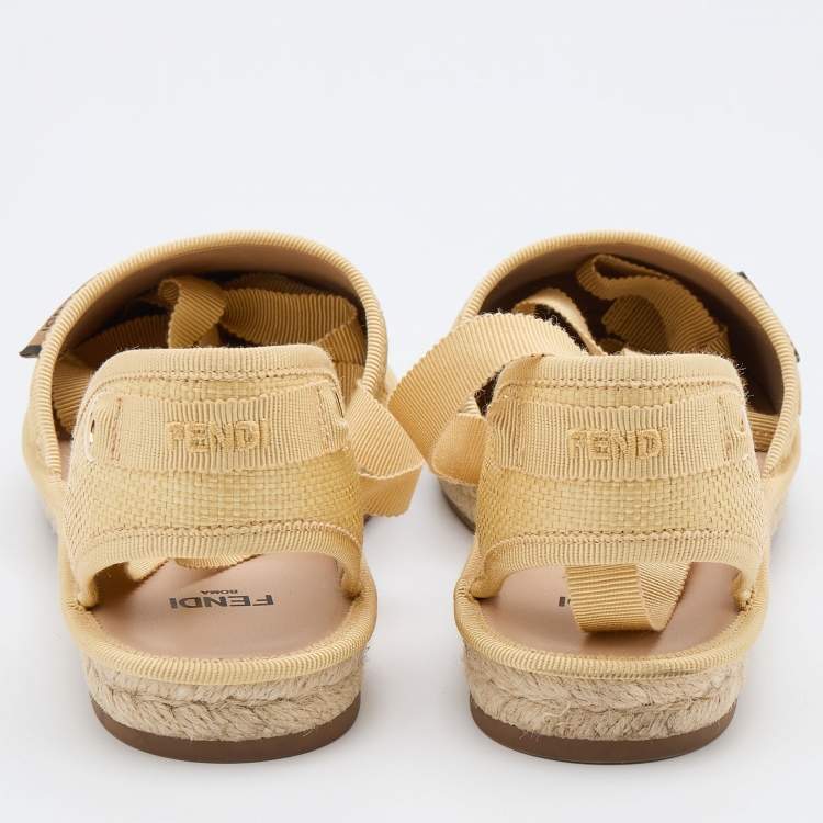 Pre Owned Fendi Yellow FF Logo Embroidered Fabric Ankle Wrap Espadrille Flats Size 37