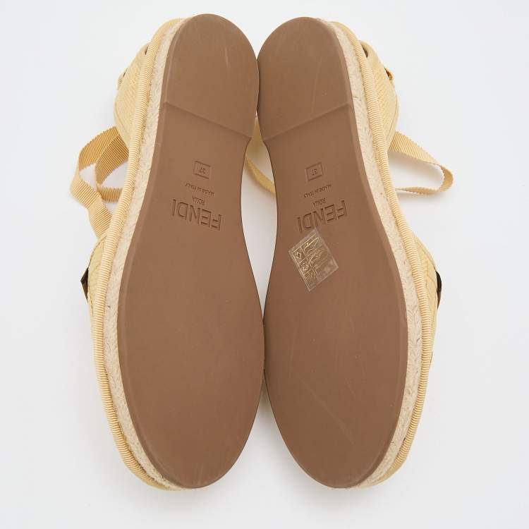 Pre Owned Fendi Yellow FF Logo Embroidered Fabric Ankle Wrap Espadrille Flats Size 37