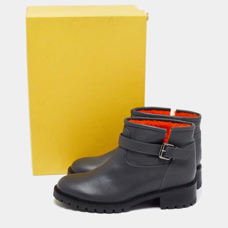 Pre Owned Fendi Dark Grey Leather Ankle Length Boots Size 40