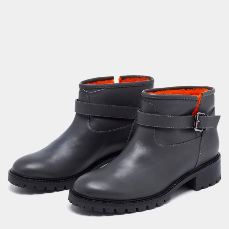 Pre Owned Fendi Dark Grey Leather Ankle Length Boots Size 40