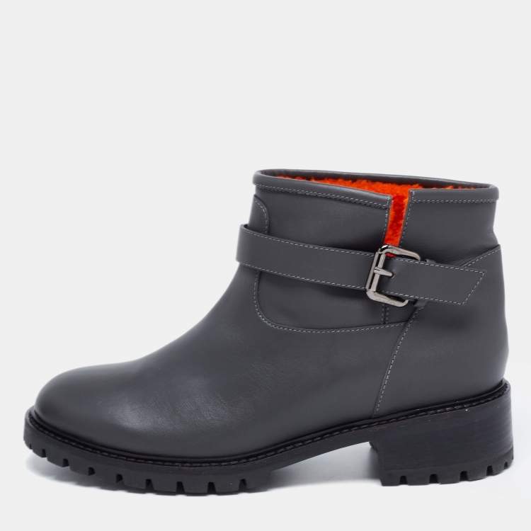 Pre Owned Fendi Dark Grey Leather Ankle Length Boots Size 40