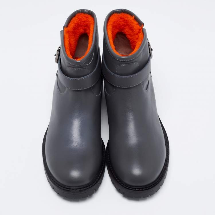Pre Owned Fendi Dark Grey Leather Ankle Length Boots Size 40