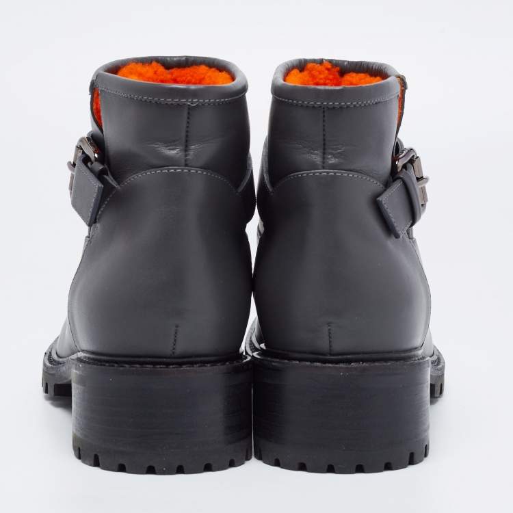 Pre Owned Fendi Dark Grey Leather Ankle Length Boots Size 40