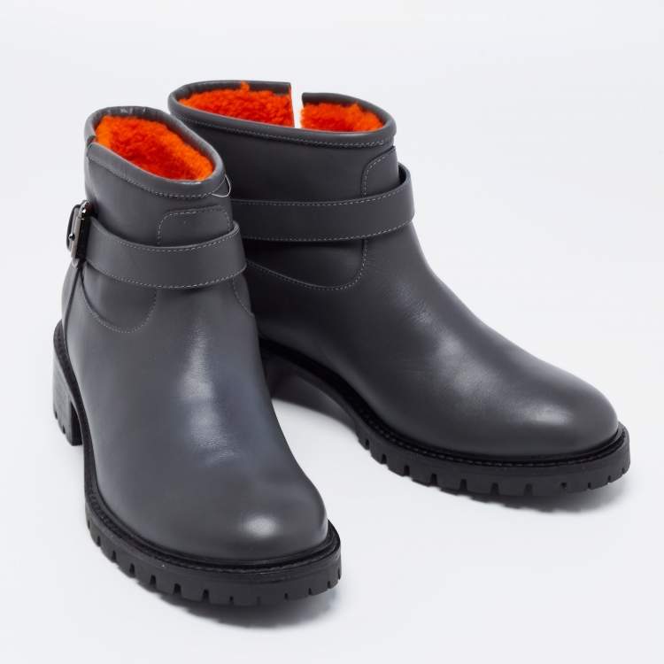Pre Owned Fendi Dark Grey Leather Ankle Length Boots Size 40