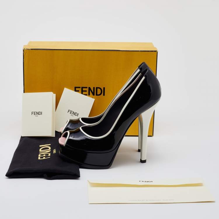 Pre Owned Fendi Black/White Patent Leather Fendista Peep Toe Platform Pumps Size 39