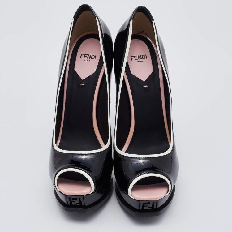 Pre Owned Fendi Black/White Patent Leather Fendista Peep Toe Platform Pumps Size 39