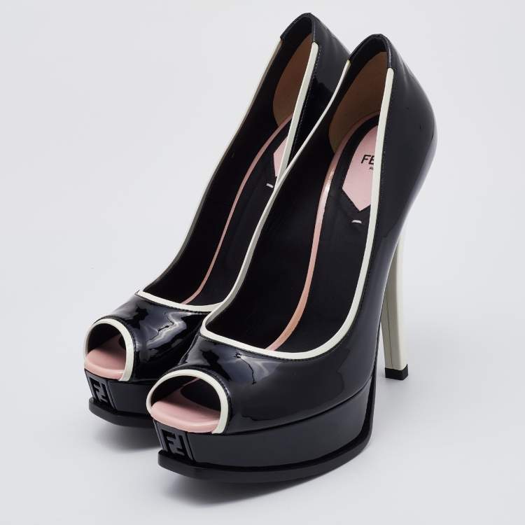 Pre Owned Fendi Black/White Patent Leather Fendista Peep Toe Platform Pumps Size 39