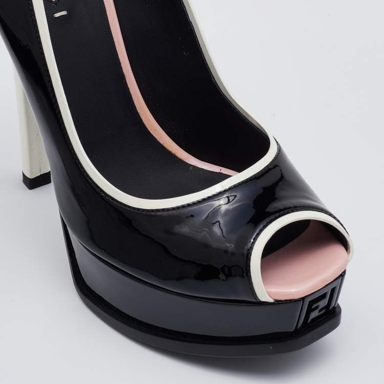 Pre Owned Fendi Black/White Patent Leather Fendista Peep Toe Platform Pumps Size 39
