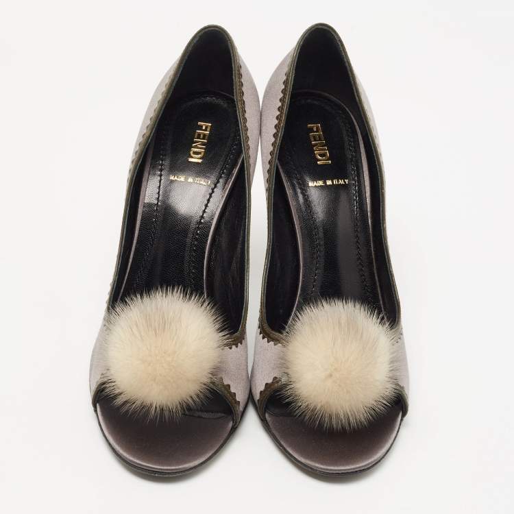Pre Owned Fendi Grey Satin Pom Pom Open Toe Pumps Size 39