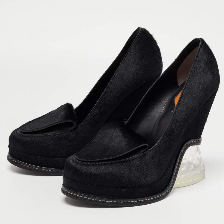 Pre Owned Fendi Black Calf hair Ice Heel Loafers Size 40