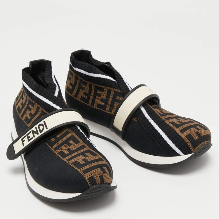 Pre Owned Fendi Brown/Black Zucca Knit Fabric Rockoko Slip On Sneakers Size 38