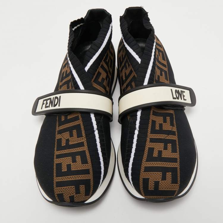 Pre Owned Fendi Brown/Black Zucca Knit Fabric Rockoko Slip On Sneakers Size 38
