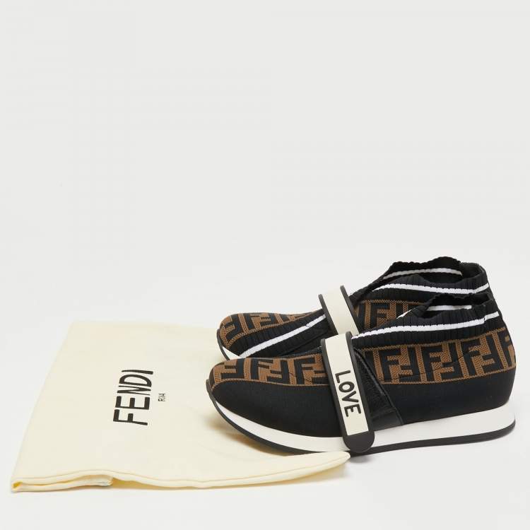 Pre Owned Fendi Brown/Black Zucca Knit Fabric Rockoko Slip On Sneakers Size 38