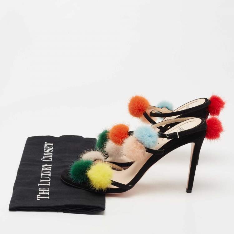 Pre Owned Fendi Black Suede Mink Fur Pompoms Ankle Strap Sandals Size 39