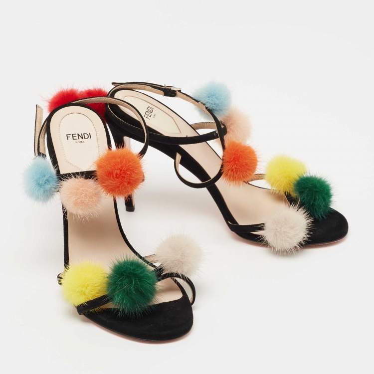 Pre Owned Fendi Black Suede Mink Fur Pompoms Ankle Strap Sandals Size 39