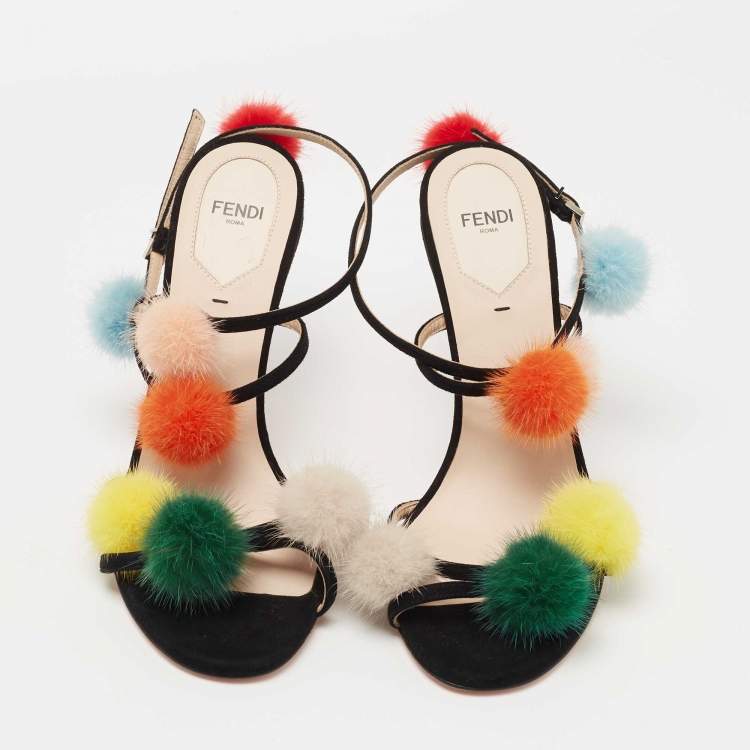 Pre Owned Fendi Black Suede Mink Fur Pompoms Ankle Strap Sandals Size 39