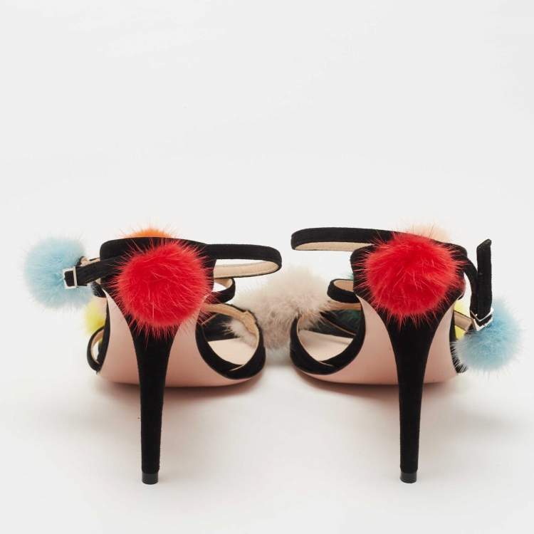 Pre Owned Fendi Black Suede Mink Fur Pompoms Ankle Strap Sandals Size 39