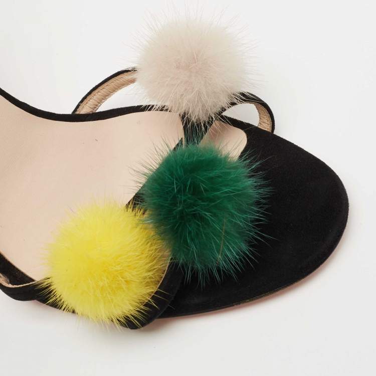 Pre Owned Fendi Black Suede Mink Fur Pompoms Ankle Strap Sandals Size 39
