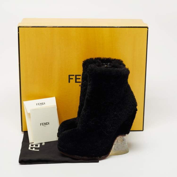 مملوكة مسبقًا Fendi Black Fur Ice Heel Ankle Boots Size 36