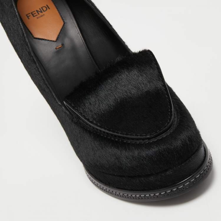 Pre Owned Fendi Black Calf Hair Block Heel Loafer Pumps Size 39