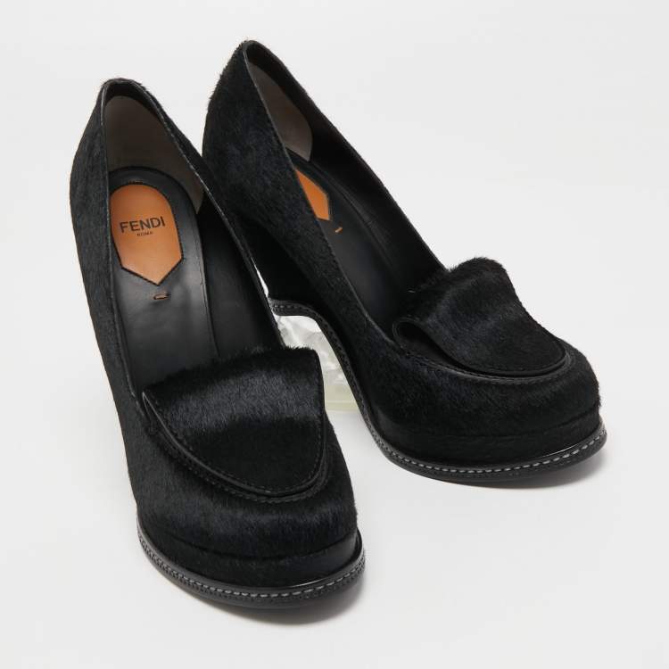 Pre Owned Fendi Black Calf Hair Block Heel Loafer Pumps Size 39