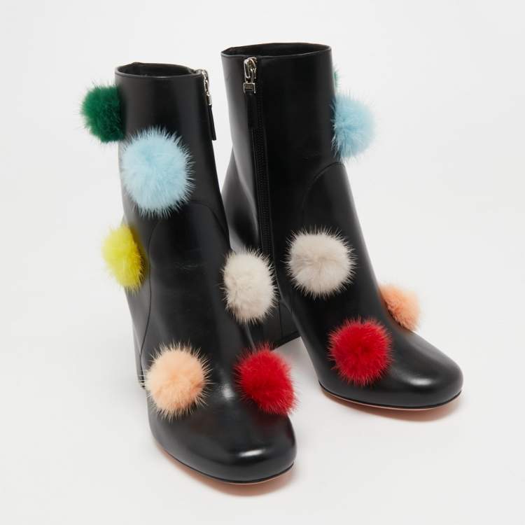Pre Owned Fendi Black Leather Pom Pom Ankle Boots Size 38.5 