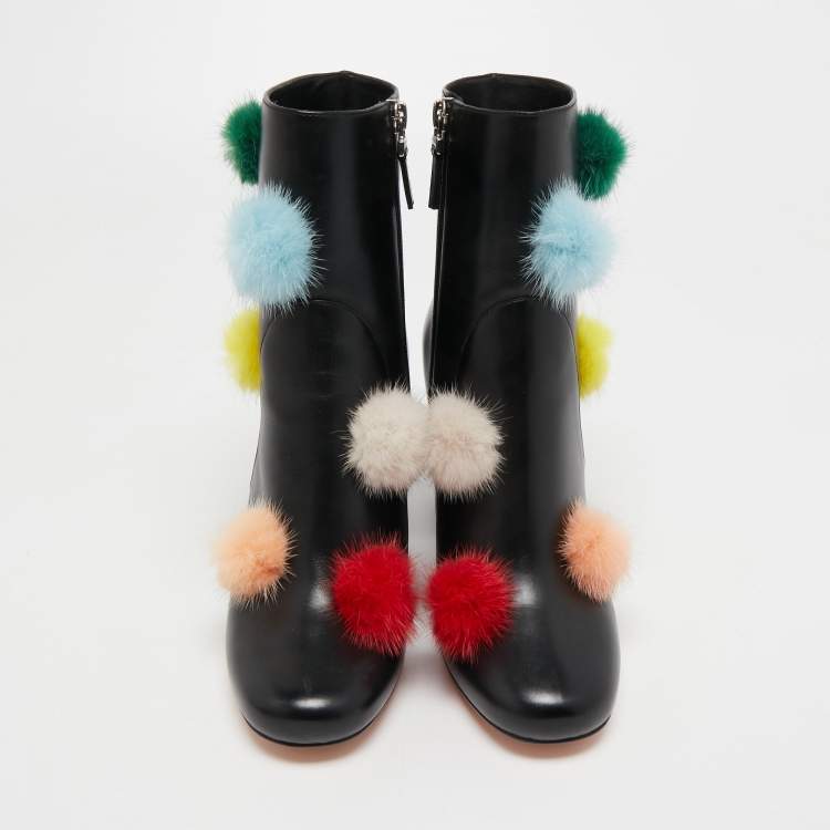 Pre Owned Fendi Black Leather Pom Pom Ankle Boots Size 38.5 