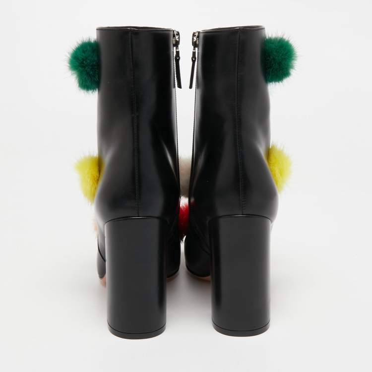 Pre Owned Fendi Black Leather Pom Pom Ankle Boots Size 38.5 