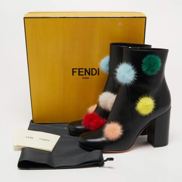 Pre Owned Fendi Black Leather Pom Pom Ankle Boots Size 38.5 