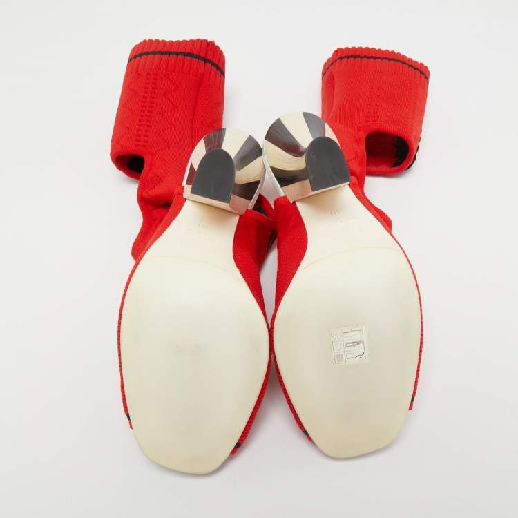 Pre Owned Fendi Red Knit Fabric Peep Toe Cut Out Sandals Size 40
