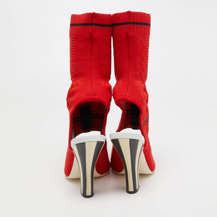 Pre Owned Fendi Red Knit Fabric Peep Toe Cut Out Sandals Size 40