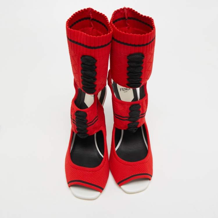Pre Owned Fendi Red Knit Fabric Peep Toe Cut Out Sandals Size 40