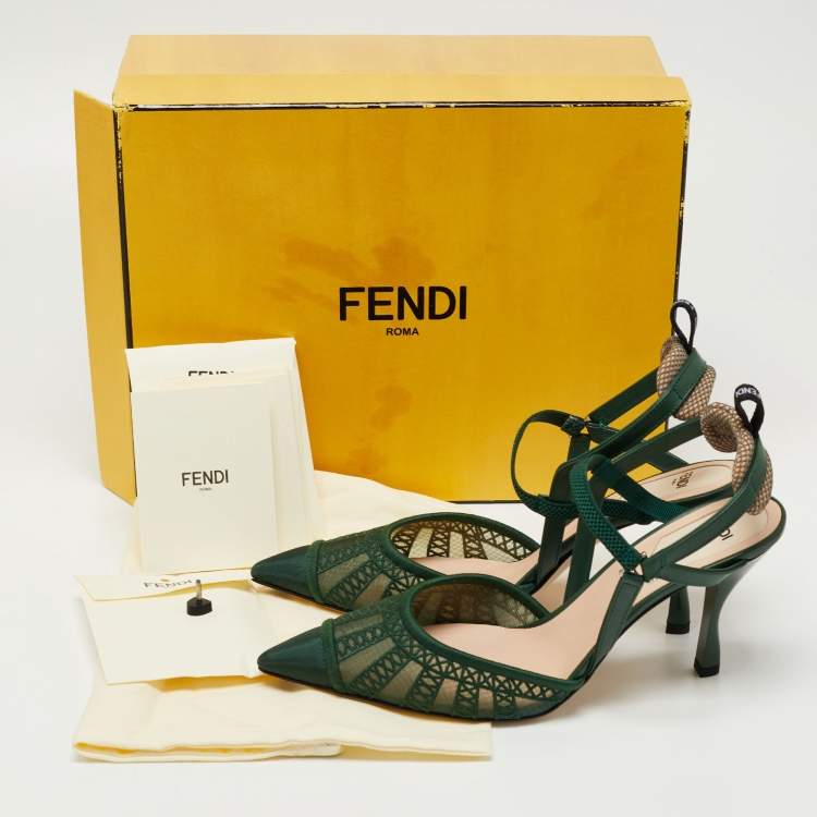 Pre Owned Fendi Dark Green Mesh and Fabric Colibri Slingback Pumps Size 38.5