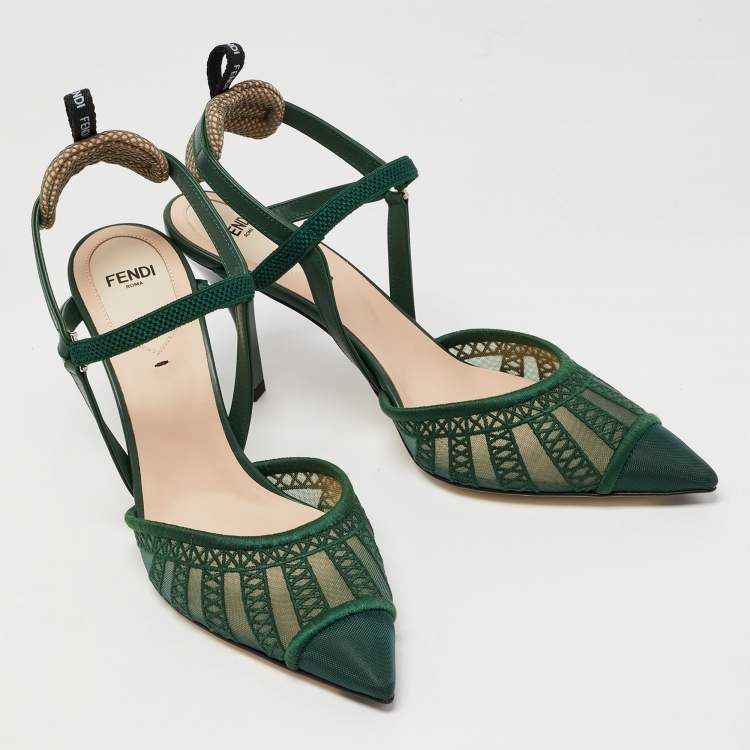 Pre Owned Fendi Dark Green Mesh and Fabric Colibri Slingback Pumps Size 38.5