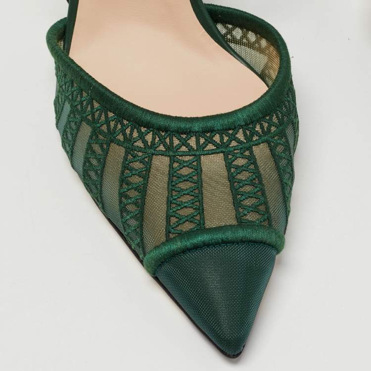 Pre Owned Fendi Dark Green Mesh and Fabric Colibri Slingback Pumps Size 38.5