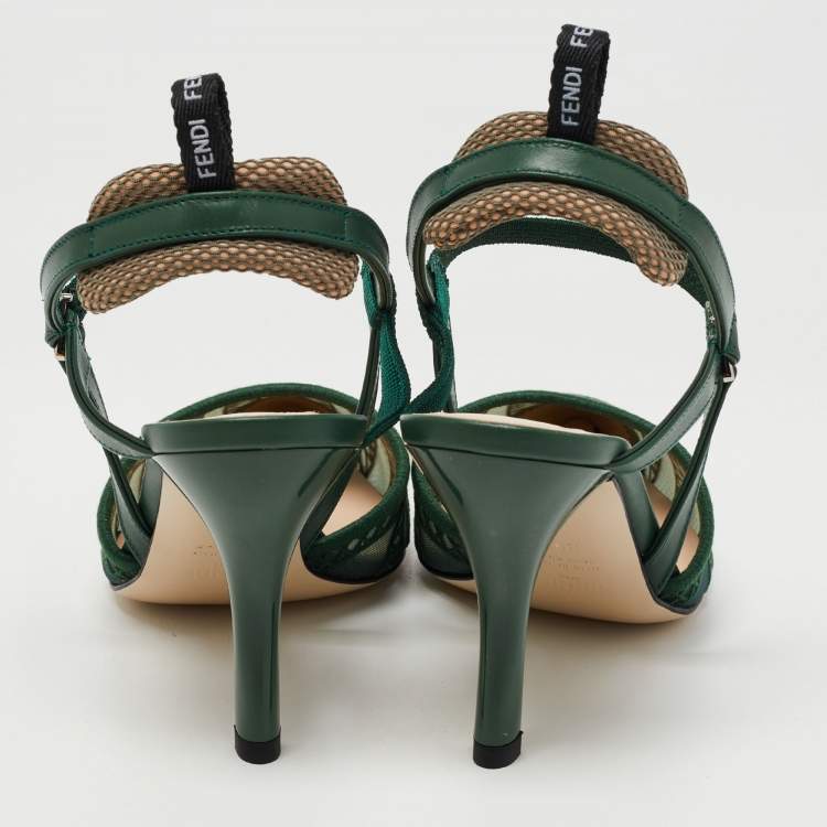 Pre Owned Fendi Dark Green Mesh and Fabric Colibri Slingback Pumps Size 38.5