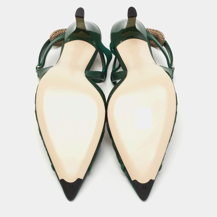 Pre Owned Fendi Dark Green Mesh and Fabric Colibri Slingback Pumps Size 38.5