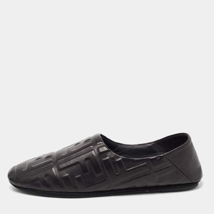 Pre Owned Fendi Black FF Embossed Leather Slip On Flats Size 40