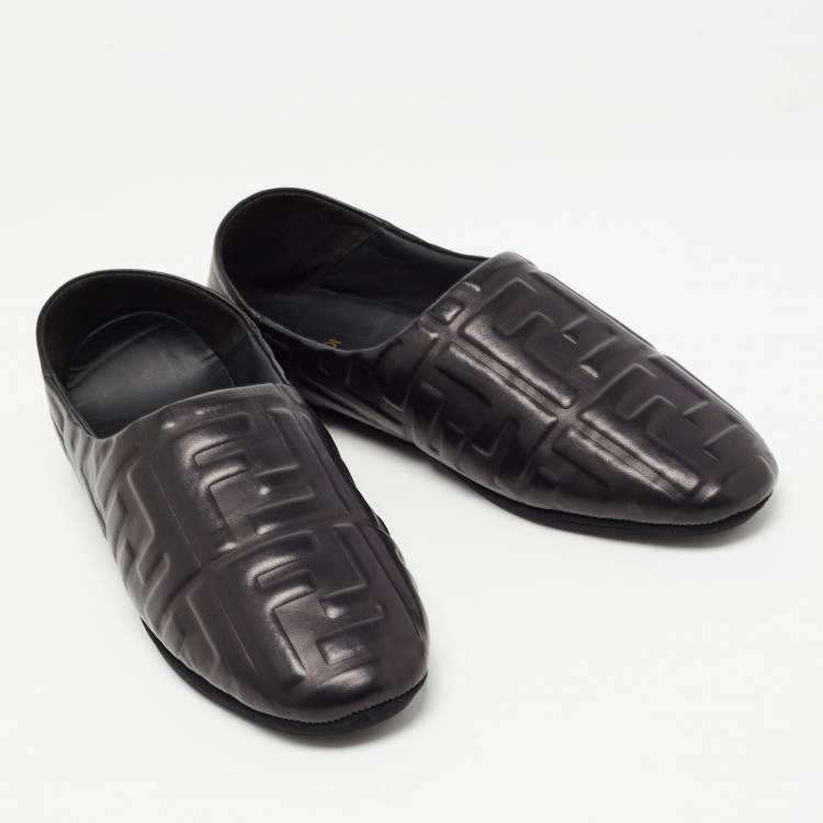 Pre Owned Fendi Black FF Embossed Leather Slip On Flats Size 40