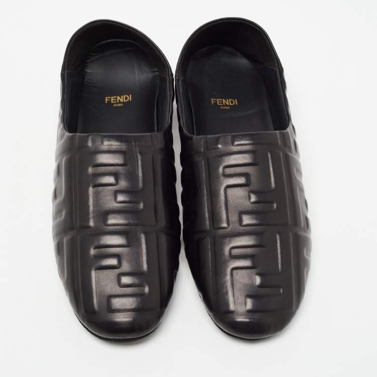 Pre Owned Fendi Black FF Embossed Leather Slip On Flats Size 40