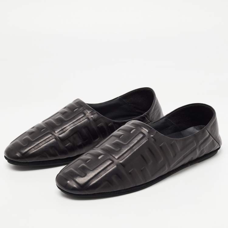 Pre Owned Fendi Black FF Embossed Leather Slip On Flats Size 40