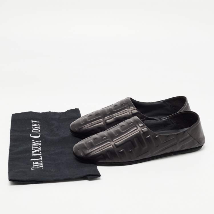 Pre Owned Fendi Black FF Embossed Leather Slip On Flats Size 40