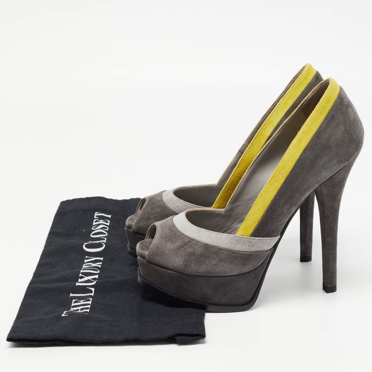Pre Owned Fendi Grey/Yellow Suede Fendista Platform Pumps Size 37.5