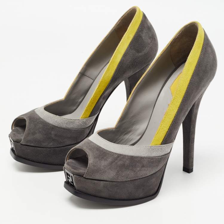 Pre Owned Fendi Grey/Yellow Suede Fendista Platform Pumps Size 37.5