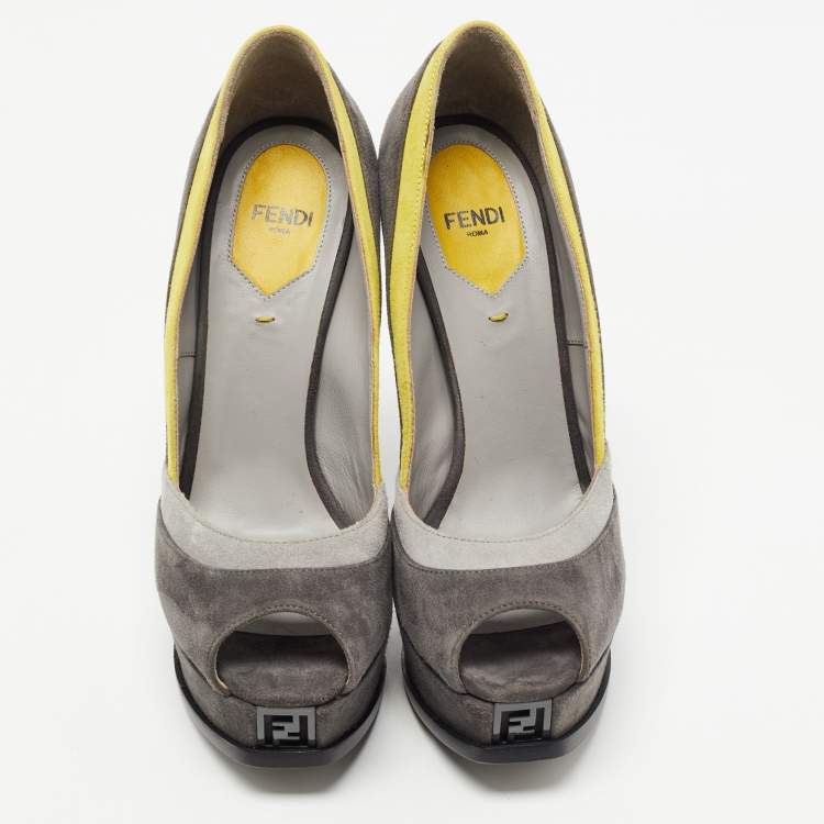 Pre Owned Fendi Grey/Yellow Suede Fendista Platform Pumps Size 37.5