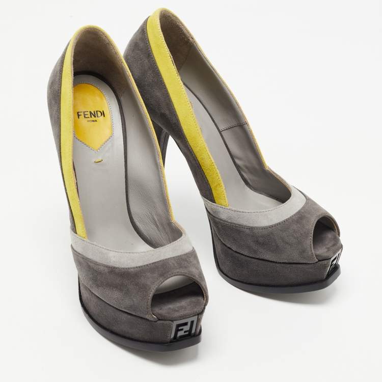Pre Owned Fendi Grey/Yellow Suede Fendista Platform Pumps Size 37.5