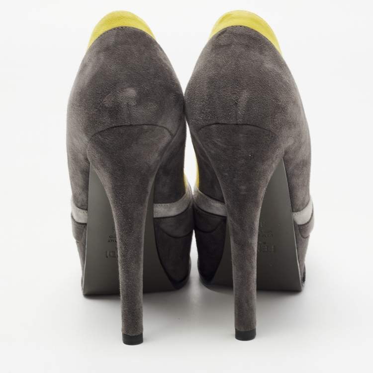 Pre Owned Fendi Grey/Yellow Suede Fendista Platform Pumps Size 37.5